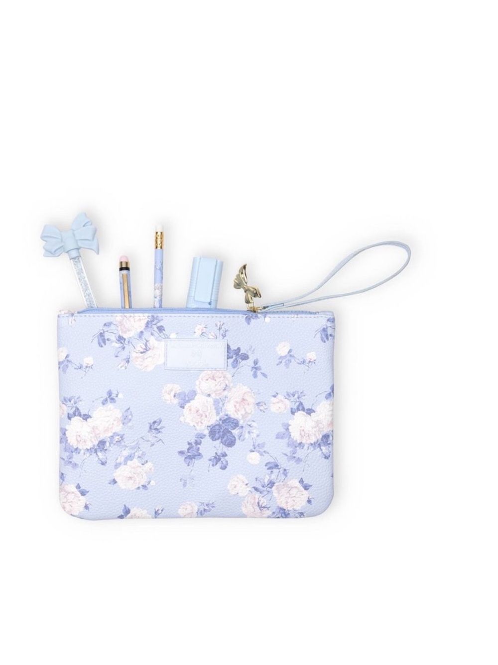 NEW LoveShackFancy Yoobi Blue Everblooming Rosettes Vegan Leather Pouch Wristlet